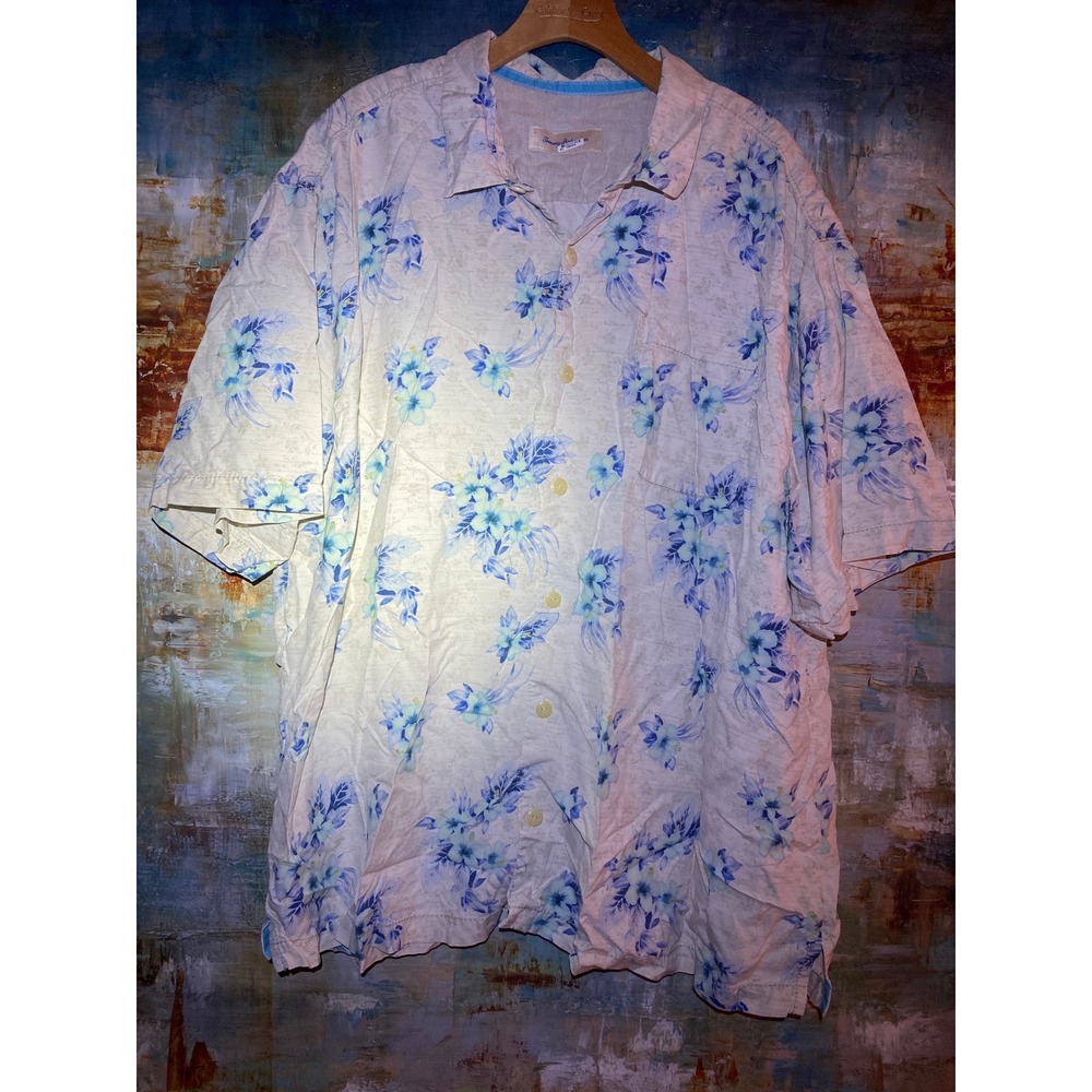 Tommy Bahama Mens 2XB Silk Floral Camp Shirt Blue Hibiscus‎ Short Sleeve Button